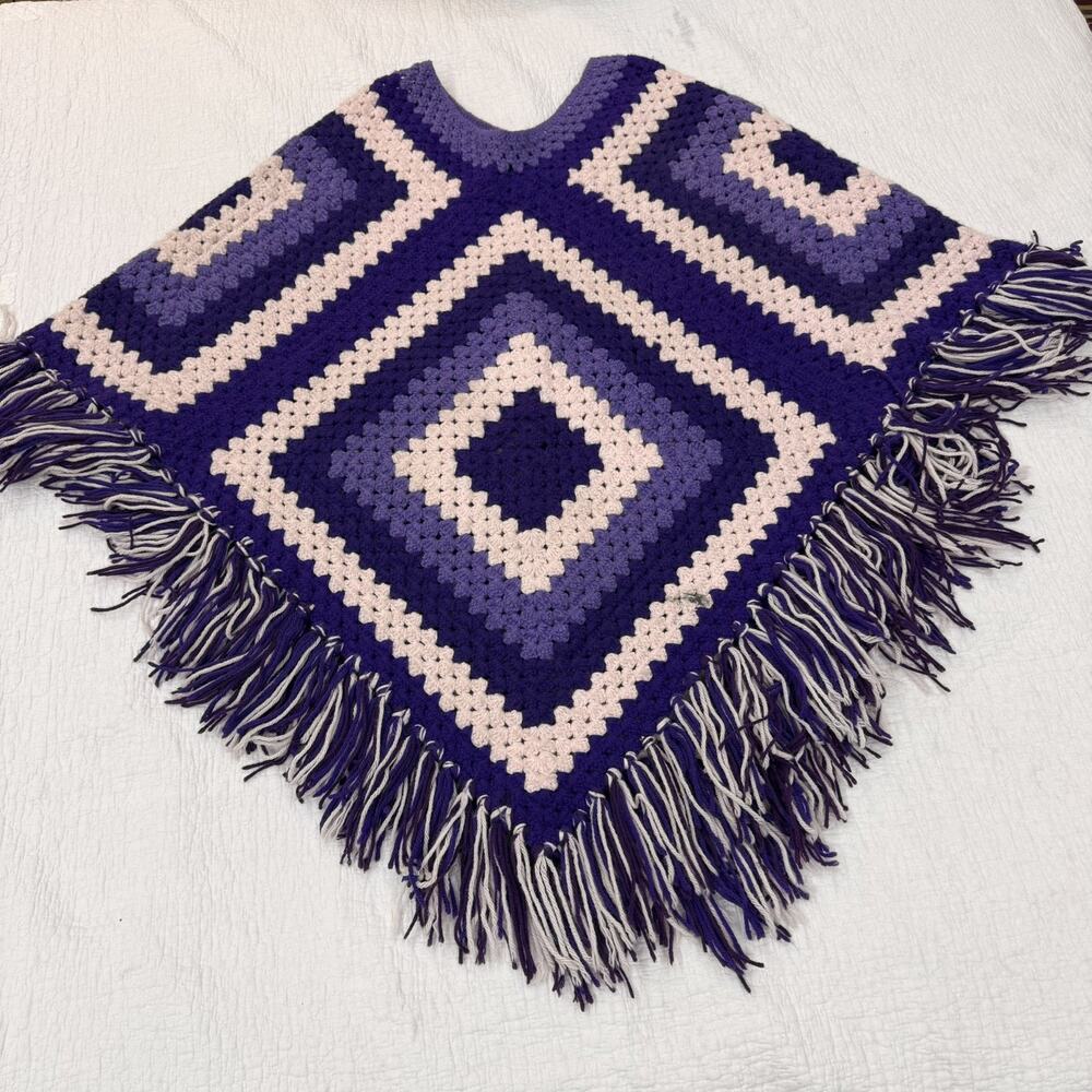 Vintage Handmade crochet women poncho in Purple